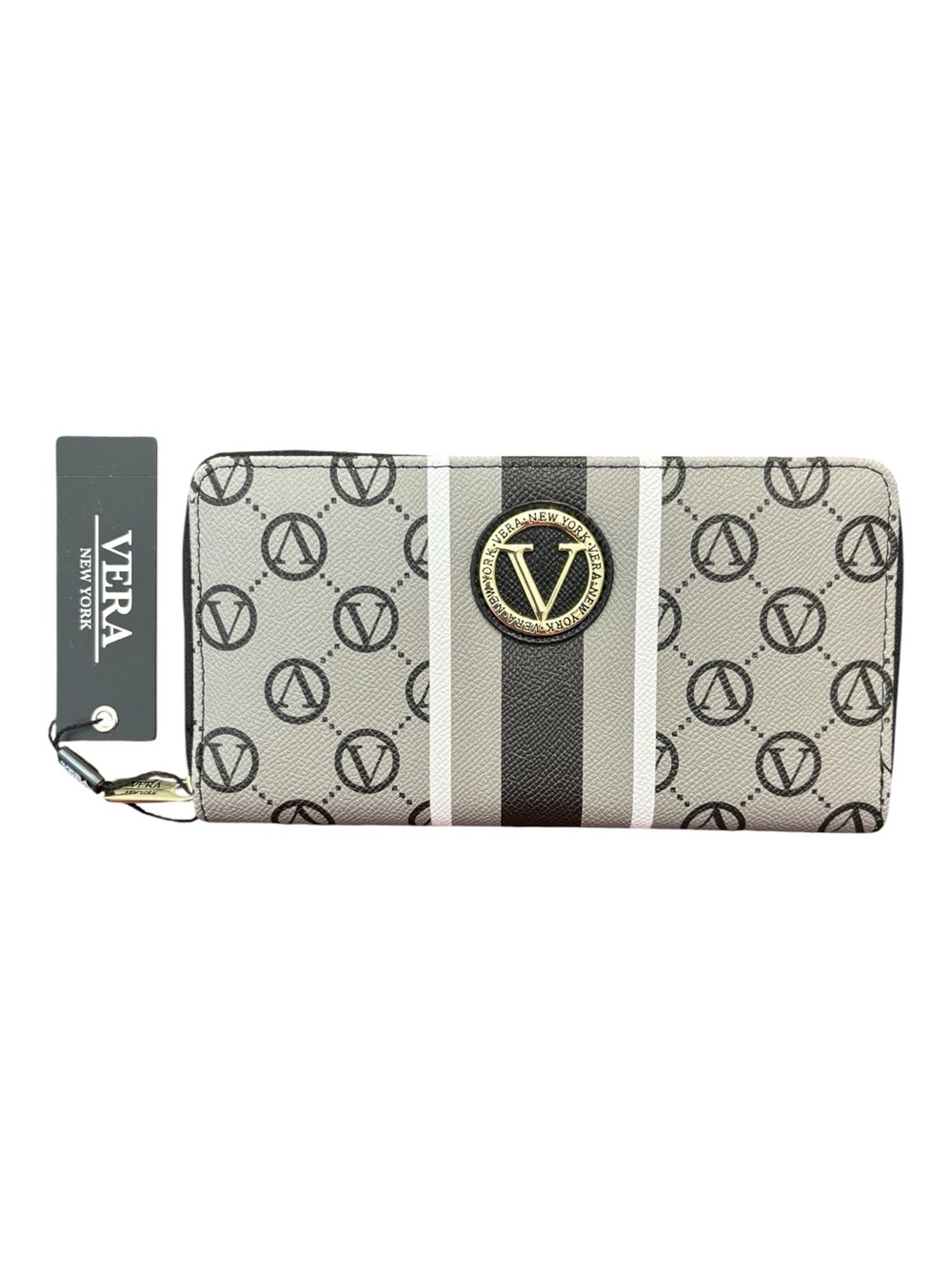 Vera New York Signature Zip Around Wallet Black Gray Logo Print NWT